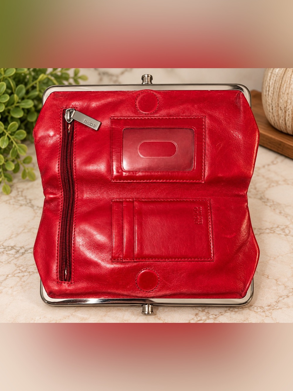 HOBO Red Leather Double Frame Kiss Lock Clutch Wallet Floral Lining - Picture 2 of 4